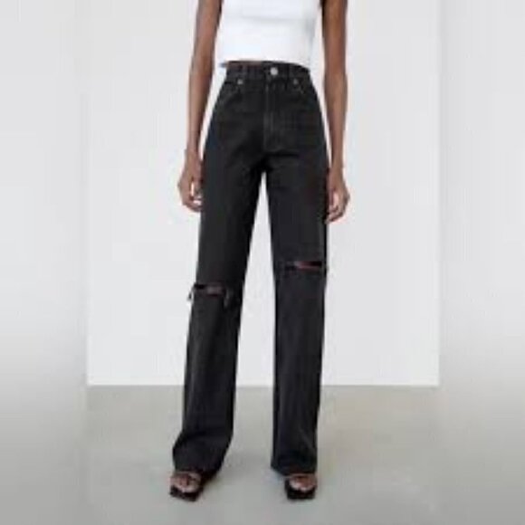 Zara High Waisted Distressed Ripped Knee Wide Leg Full Length Jeans In Black - Picture 11 of 11